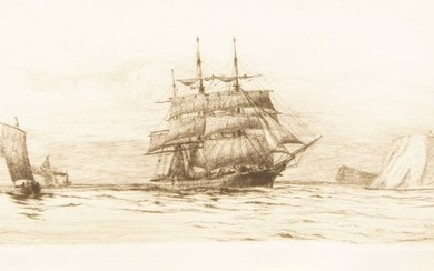 Harold Wyllie, British 1880-1973- Clipper off a headland on the South Coast; etching, signed and numbered CXXIV in pencil, 11.3 x 35 cm. (ARR)