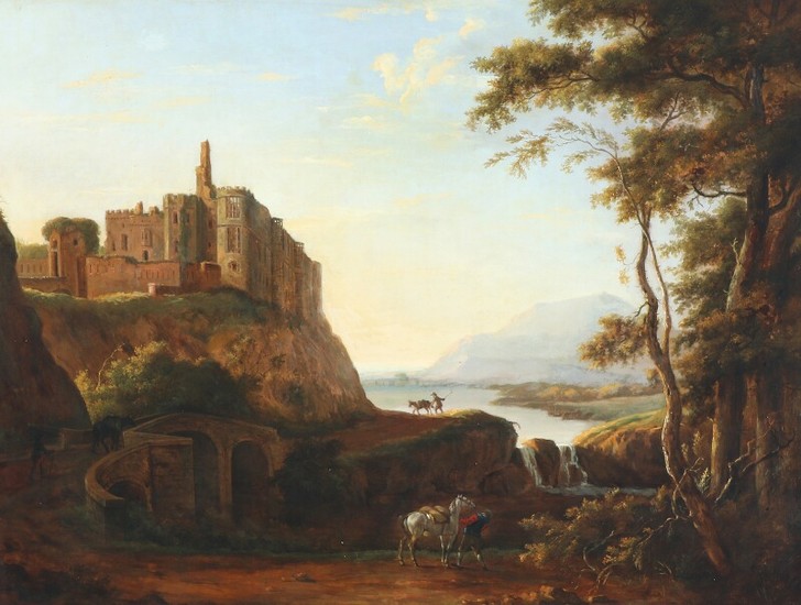 Hendrik Frans de Cort: Landscape with a view towards Cary Castle. Signed and dated De Cort 1799. Oil on panel 52×69 cm.