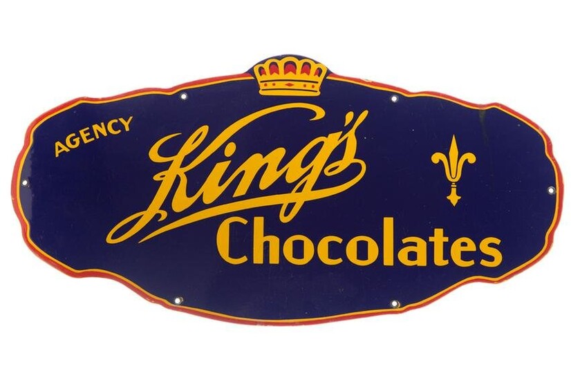 High condition vintage Porcelain Sign with raised letters for "King's Chocolates", measures 15" T x