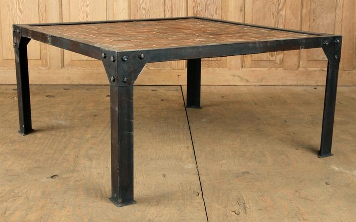 IRON COFFEE TABLE WITH MARQUETRY WOOD TOP