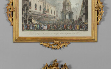 "Il Bucintoro" e "Veduta veneziana" coppia di stampe da Canaletto, cornici in...