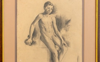 Illegibly Signed Nude Boy Pencil on Paper