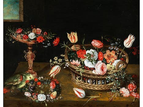 Jan van Kessel d. J., 1654 Antwerpen – 1708 Madrid, BLUMENSTILLLEBEN MIT TAZZA, KORB, KRANZ UND PAPAGEI