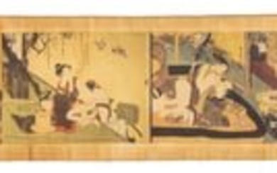 Japanese Erotic Wood Block Hand Scroll Ca. 19th.c., W 7.5" L 57"