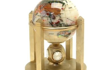 Japanese Inlaid Hardstone Desk Globe with Clock and