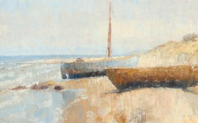 Johannes Grenness: Coastal scenery with fishing boats at the shore. Signed and dated J. Greness, 12. Oil on canvas laid on board. 30×44.5 cm.