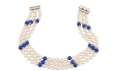 John van der Vet | A cultured pearl, lapis lazuli and diamond choker