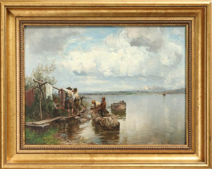 Josef Wopfner "Chiemsee Fishermen" Oil on Panel
