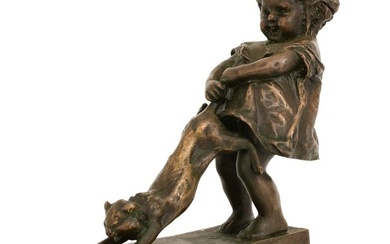 Juan Clara Ayats (Spanish, 1875-1958), Bronze Sculpture of a Child & Cat