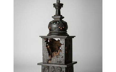 LARGE CARVED HARDWOOD AND ROOT WOOD STUPA QING DYNASTY