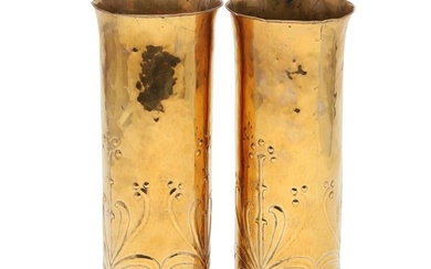 LARGE PAIR OF KESWICK ARTS & CRAFTS BRASS VASES. An unusuall...