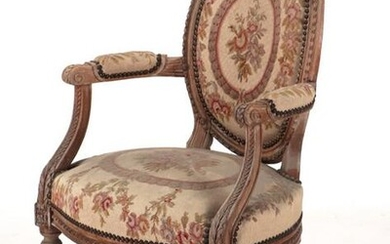LATE 19TH C. FRENCH OPEN ARM CHAIR NEEDLEPOINT