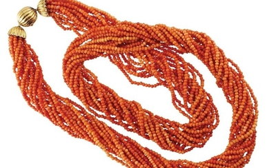 LONG NECKLACE with fifteen strands of coral balls...