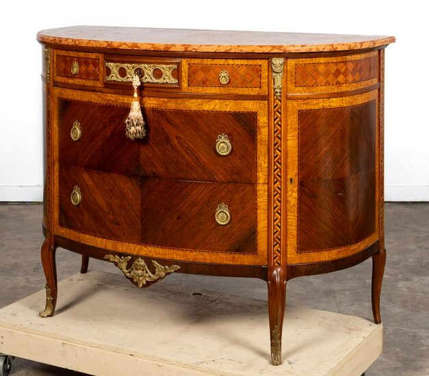 LOUIS XV STYLE MARBLE TOP DEMILUNE COMMODE