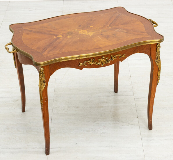 LOUIS XVI STYLE FRUITWOOD MARQUETRY TABLE, H 20", W 30"