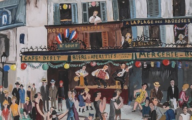LUCIEN GÉNIN (1894-1953). Bal du 14 Juillet, Paris, Place des Abbesses Gouache sur papier, signée...