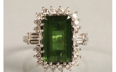 Ladies 18ct white gold emerald and diamond ring, central eme...
