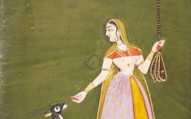 Lady with a stringed instrument and a gazelle, Bikaner, Rajasthan, circa 1800, opaque pigments on paper heightened with gold and silver, Devanagari inscription to reverse, mounted, painting 14 x 9.7cm.
