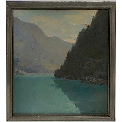 Eugenio Polesello ( Pordenone 1895 - Torino 1983 ) , "Lago di Braies" '935, olio su tavola (cm 42x38) Firmato e datato in basso a destra. Al retro: firmato, titolato...