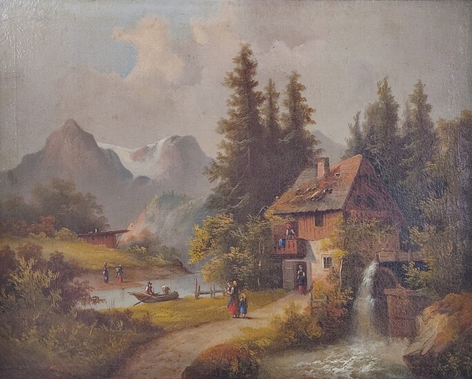 Landscape painter (19th century) "Alpine landscape with mill", staffage of people in traditional co