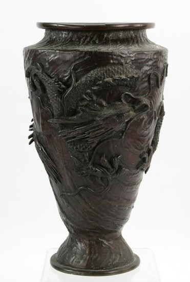 Large 19thC Japanese Carved Bronze Vase