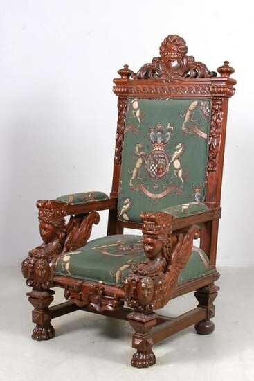 Large Carved Renaissance Revival Throne Chair