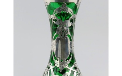 Large Emerald Glass Vase w/ Sterling Silver Art Nouveau Overlay 10"
