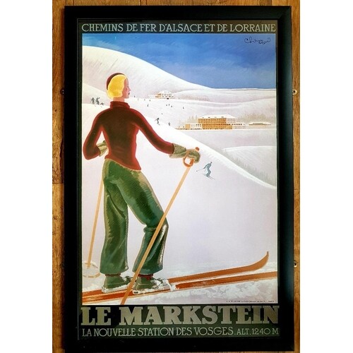 Large framed and glazed print of a vintage French ski poster...