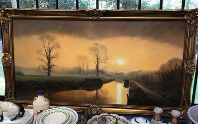 Large gilt framed Michael Morris oil painting of a canal or river scene, 100cm x 49.5cm