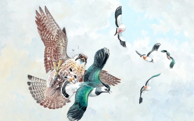Leif Ragn-Jensen: Bird of prey attacking lapwing. Signed and dated Leif Ragn-Jensen, 1983. Oil on canvas. 35×50 cm.