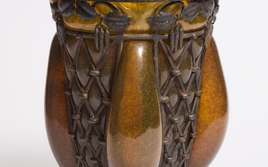 Louis Majorelle Wrought Iron Mounted Daum Amber and Green Glass Vase, c.1925