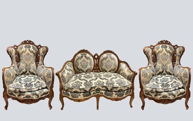 Louis XV Style Carved Oakwood Sofa and a Pair of Bergeres