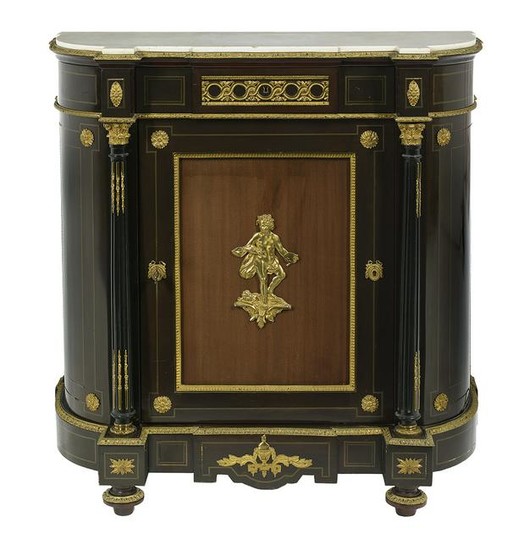 Louis XVI-Style Ebonized & Marble-Top Cabinet
