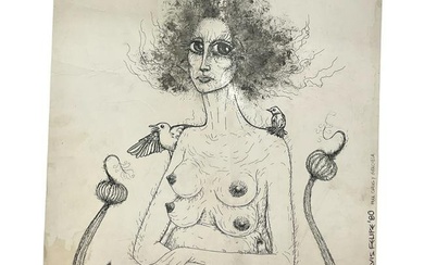 Luis Felipe Signed 1980 'Naturaleza Salvaje' Pencil and Ink Surrealist Figure