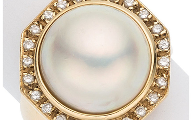 Mabe Pearl, Diamond, Gold Ring The ring centers a...