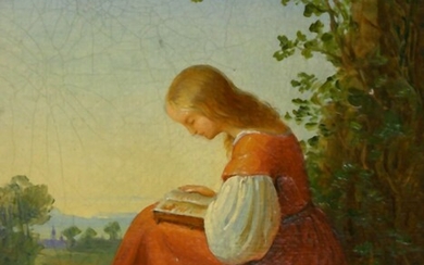 Maler des 19. Jh., Lesendes Mädchen in rotem Kleid, unter Baum sitzend