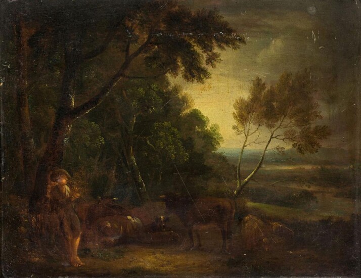 Manner of Aelbert Jacobsz. Cuyp, Dutch, mid 18th century- An Italianate evening wooded landscape with animals, a shepherd playing the flute, and a figure in repose; oil on panel, 28.7 x 36.5 cm., (unframed). Provenance: Private Collection, UK...