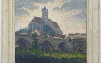 Marcel AZEMA-BILLA (1904-1999). Church by the river. Oil...