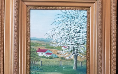 Margaret Chamberlain: Hand painted oil on board of a landscape with a house, dogwood tree and rolling hills, signed lower right within an antique gilt wood frame .With frame 34 x 29 inches.