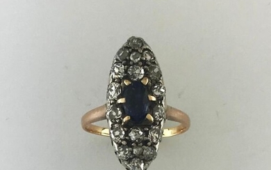 Marquise ring in gold 750°/°°° and silver set with a sapphire and diamonds TA, late 19th century work, TD 55, (greyish), Gross weight: 4,27g