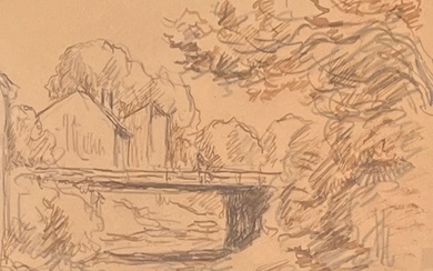 Maximilien LUCE (1854-1931 Paysage avec le pont, 1926 Encre et fusain sur papier, signé et...