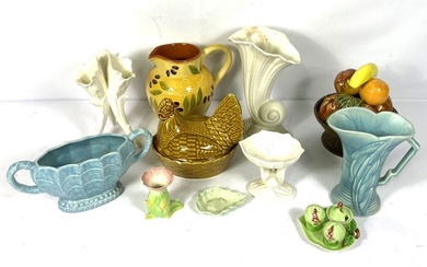 Mixed lot of ceramics, including a vase of fruit table centre, a slipware jug, triple spill vase and