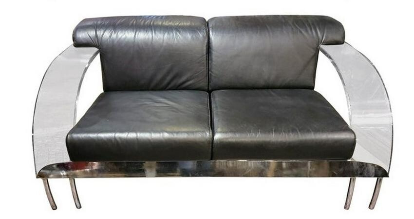 Modern Italian Lucite, Chrome and Leather Sofa By Dover