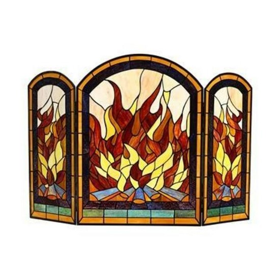 Modern Stained Art Glass Autumn Flames Fireplace Screen