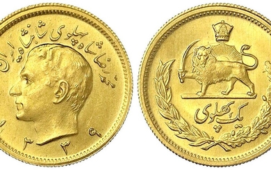 Monnaies et médailles d'or étrangères, Iran, Mohammed Reza Pahlavi, 1941-1979, Pahlavi SH 1339 = 1960....