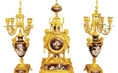Monumental 19Th Century Limoges Enamel Clock Set