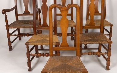 NEW ENGLAND QUEEN ANNE-STYLE MAPLE RUSH-SEAT DINING CHAIRS, SET OF SIX