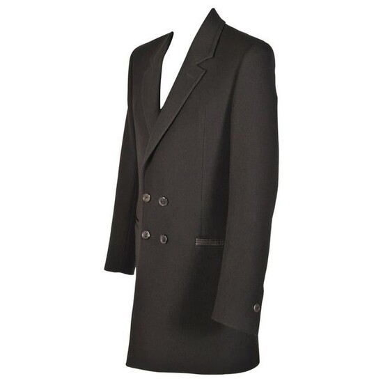 NEW VERSACE BLACK WOOL COAT with LEATHER TRIM for MEN