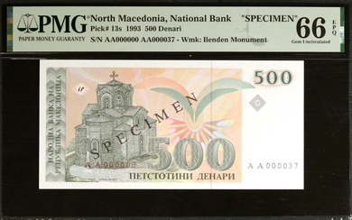 NORTH MACEDONIA. Narodna Banka na Makedonija. 500 Denari, 1993. P-13s. Specimen. PMG Gem Uncirculated 66 EPQ.