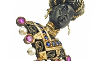 NOT SOLD. Nardi: A Blackamoor ruby brooch set with numerous rubies, sapphires and cultured pearls mounted in 18k gold, oxidized silver and carved black amber. – Bruun Rasmussen Auctioneers of Fine Art